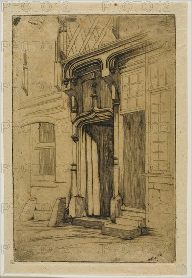 Doorway of an Ancient Convent, in the rue Mirabeau, Bourges, 1851, Charles Meryon, French, 1821-1868, France, Etching on tan wove paper, 168 × 111 mm (image), 168 × 111 mm (plate), 184 × 126 mm (sheet)