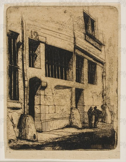 La rue des Mauvais Garçons, 1854, Charles Meryon, French, 1821-1868, France, Etching with roulette (plate is scraped and burnished) on tan wove paper, 126 × 98 mm (image), 126 × 98 mm (plate), 137 × 103 mm (sheet)