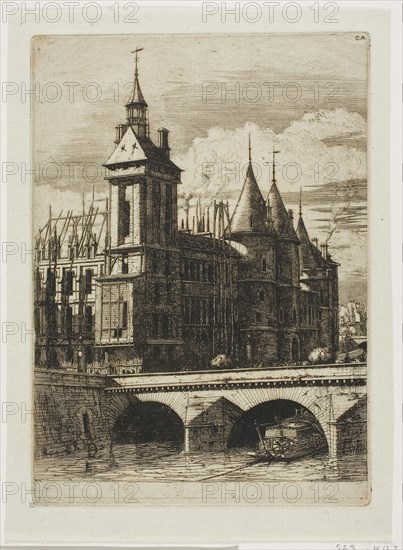 The Clock Tower, Paris, 1852, Charles Meryon, French, 1821-1868, France, Etching and engraving in warm black on verdâtre (greenish) laid chine tipped onto ivory laid paper, 256 × 184 mm (image), 256 × 184 mm (plate), 287 × 209 mm (primary suppport), 447 × 320 mm (secondary support)