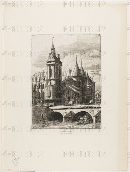The Clock Tower, Paris, 1852, Charles Meryon (French, 1821-1868), printed by Auguste Delâtre (French, 1822-1907), France, Etching, engraving and drypoint (plate has been scraped and burnished) on ivory wove chine, laid down on ivory laid paper, 262 × 186 mm (image, including stray marks), 263 × 186 mm (plate), 250 × 183 mm (primary support), 437 × 323 mm (secondary support)