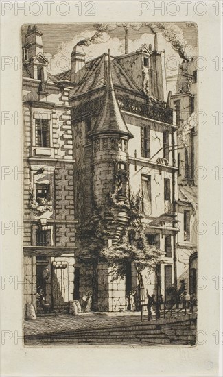 House with a Turret, rue de la Tixéranderie, 1852, Charles Meryon, French, 1821-1868, France, Etching on verdâtre (greenish) laid chine, 241 × 131 mm (image), 241 × 131 mm (plate), 276 × 163 mm (sheet)