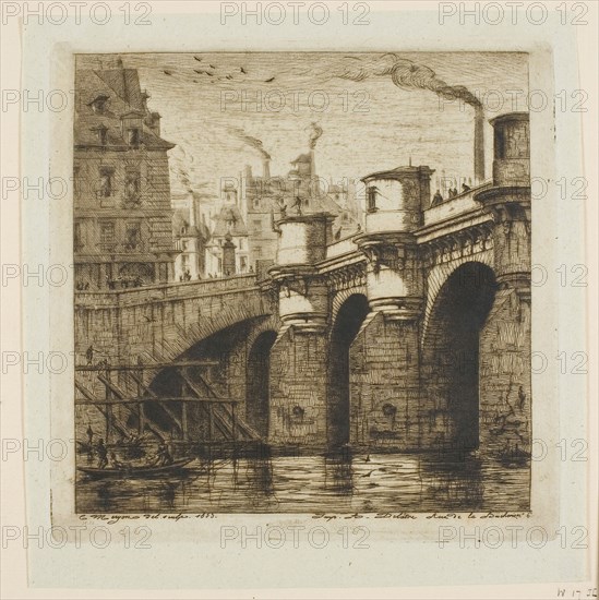 Pont-Neuf, Paris, 1853, Charles Meryon (French, 1821-1868), printed by Auguste Delâtre (French, 1822-1907), France, Etching and drypoint in brown on verdâtre greenish laid paper, hinged to cream laid paper, 180 × 182 mm (image), 180 × 182 mm (plate), 206 × 201 mm, (primary support), 311 × 446 mm (secondary support)