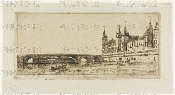 Pont-au-Change, Paris, 1854, Charles Meryon, French, 1821-1868, France, Etching on verdâtre (greenish-ivory) laid chine, 154 × 330 mm (image), 154 × 330 mm (plate), 207 × 384 mm (sheet)