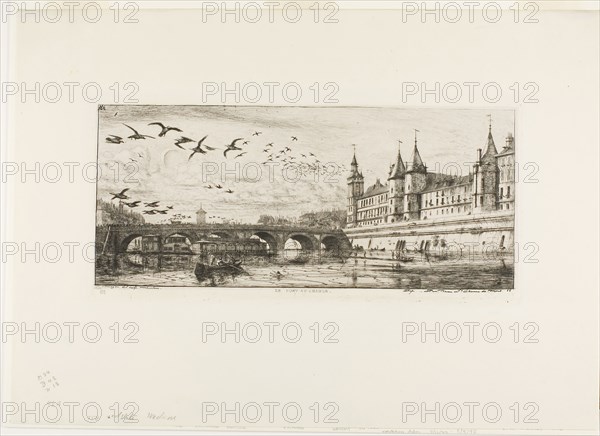 Pont-au-Change, Paris, 1854, Charles Meryon, French, 1821-1868, France, Etching on ivory chine, laid down on ivory laid paper, 150 × 324 mm (image, including stray marks), 157 × 332 mm (plate), 142 × 326 mm (primary support), 323 × 451 mm (secondary support)