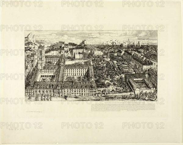 Collège Henry IV (or Lycée Napoléon), Paris, 1863–64, Charles Meryon (French, 1821-1868), printed by Pierron (French, 19th century), published by Rochoux (French, 19th century), France, Etching on ivory laid paper, 220 × 410 mm (image), 294 × 477 mm (plate), 443 × 557 mm (sheet)