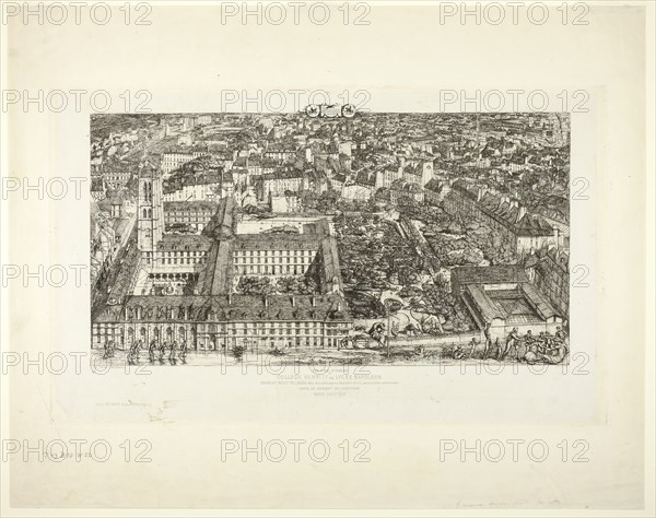 Collège Henry IV (or Lycée Napoléon), Paris, 1863–64, Charles Meryon (French, 1821-1868), printed by Pierron (French, 19th century), published by Rochoux (French, 19th century), France, Etching on grayish ivory wove chine, laid down on ivory laid paper, 239 × 417 mm (image, including stray marks), 297 × 482 mm (plate), 282 × 468 mm (primary support), 435 × 551 mm (secondary support)