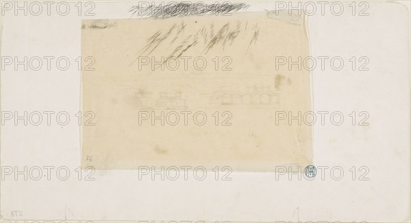 Study for Le Pont-au-Change (Pont-au-Change, Paris), 1854, Charles Meryon, French, 1821-1868, France, Graphite on transparent tissue paper, tipped on four corners to ivory wove paper, 135 × 252 mm