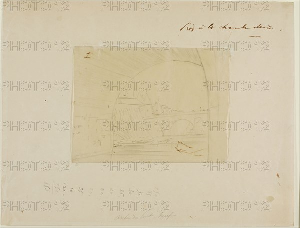 Study for an arch of Pont Notre-Dame, Paris, 1853, Charles Meryon, French, 1821-1868, France, Graphite, with touches of pen and brown ink on cream wove tracing paper (discolored to tan), tipped onto buff wove paper, 126 × 170 mm