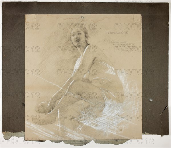 Terpsichore (recto), and Dancing Female Figure (verso), Mural Studies for Drawing Room Ceiling, Residence of Collis P. Huntington, now Yale University Art Gallery, c. 1894, Edwin Howland Blashfield, American, 1848-1936, United States, Charcoal with stumping and erasing, heightened with white chalk (recto), and charcoal with touches of white chalk (verso), on folded cream wove paper with blue fibers, tipped on gray wood-pulp laminate board, 491 x 459 mm