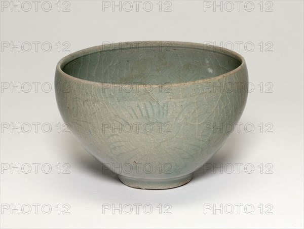 Small Bowl with Peony Flowers, Goryeo dynasty (918–1392), early 11th century, Korea, Korea, Celadon-glazed stoneware with underglaze incised decoration, H. 5.3 cm (2 1/16 in.), diam. 8.3 cm (3 1/4 in.)