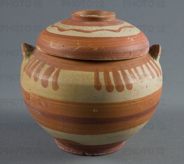Pyxis (Container for Personal Objects), 7th/6th century BC, Etruscan, Etruria, terracotta, a (jar): 9.6 × 12 × 12 cm (3.80 × 4.75 × 4.75 in)