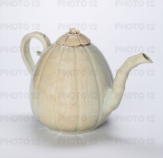 Ewer in the Form of a Melon with Bamboo Spout, Goryeo dynasty (918–1392), 12th century, Korea, Korea, Celadon-glazed stoneware with underglaze molded decoration, H. 16.6 cm, diam. 26.6 cm(including spout), diam. 16.1 cm (without spout), Lid: H. 3.8 cm, diam. 6.4 cm