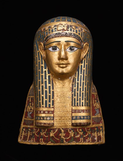 Mummy Mask, Late Ptolemaic Period-early Roman Period, 1st century BC, Egyptian, Egypt, Cartonnage, gold leaf, and pigment, 46 × 33.3 × 28 cm (18 1/8 × 13 1/8 × 11 in.)