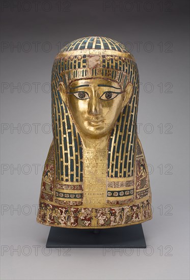 Mummy Mask, Late Ptolemaic Period-early Roman Period, 1st century BC, Egyptian, Egypt, Cartonnage, gold leaf, pigment, 46 × 30.5 × 63.5 cm (18 1/8 × 12 × 25 in.)