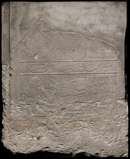 Wall Fragment from a Tomb Depicting Tomb Owner and Offerings, First Intermediate Period, Dynasties 9–10 (about 2060–2025 BC), Egyptian, Saqqara, tomb of Merttetiiyt, Egypt, Limestone, 71.1 × 61 × 14 cm (28 × 24 × 5 1/2 in.)