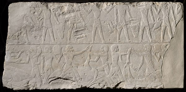 Fragment of a Tomb Wall Depicting Offering Bearers and Butchers, Old Kingdom, mid–Dynasty 5–early Dynasty 6 (about 2445–2287 BC), Egyptian, Saqqara, Egypt, Limestone, 45 × 94.3 × 13.65 cm (17 3/4 × 37 1/8 × 5 3/8 in.)