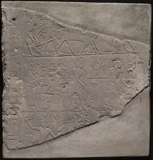 Fragment of a Stela Depicting Plowing, Harvesting, and Fowling, First Intermediate Period, Dynasty 10 (2075–2035 BC), Egyptian, Egypt, Limestone, 35.6 × 33 × 10.2 cm (14 × 13 × 4 in.)