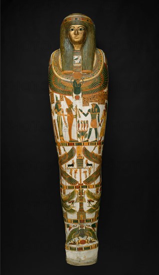 Coffin and Mummy of Paankhenamun, Third Intermediate Period, Dynasty 22 (about 945–715 BC), Egyptian, Thebes, Cartonnage, gold leaf, pigment, and human remains, 170.2 × 43.2 × 31.7 cm (67 × 17 × 12 1/2 in.)