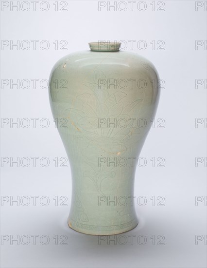 Baluster-Shaped Vase with Lotus Flowers, Goryeo dynasty (918–1392), late 12th/early 13th century, Korea, Korea, Celadon-glazed stoneware with underglaze incised decoration, H. 34.9 cm (13 3/4 in.), diam. 21.2 cm (8 3/8 in.)