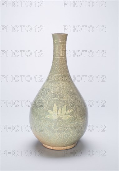 Bottle-Shaped Vase with Lotus Flowers and Stylized Scrolls, Goryeo dynasty (918–1392), 14th century, Korea, Korea, Celadon-glazed stoneware with underglaze inlaid decoration of black and white clays, H. 34.3 cm (13 1/2 in.), diam. 18.cm (7 1/4 in.)