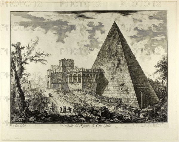 View of the Pyramidal Tomb of Cestius, from Views of Rome, 1750/59, Giovanni Battista Piranesi, Italian, 1720-1778, Italy, Etching on heavy ivory laid paper, 386 x 538 mm (image), 408 x 542 mm (plate), 473 x 597 mm (sheet)