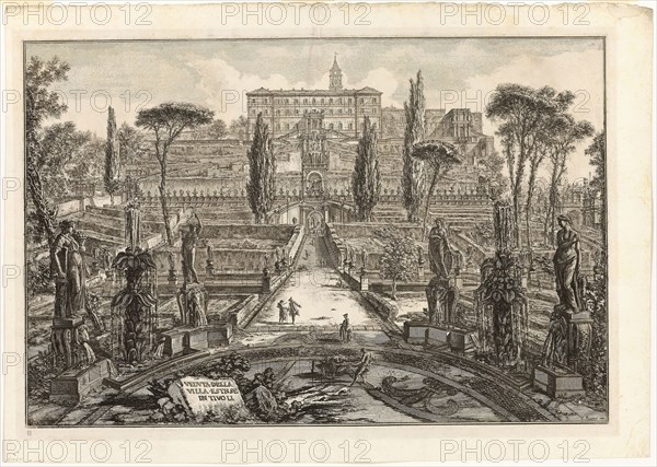 View of the Villa d’Este, Tivoli, from Views of Rome, 1773, published 1800–07, Giovanni Battista Piranesi (Italian, 1720-1778), published by Francesco (Italian, 1758-1810) and Pietro Piranesi (Italian, born 1758/9), Italy, Etching on heavy ivory laid paper, 466 x 701 mm (image), 471 x 705 mm (plate), 550 x 777 mm (sheet)