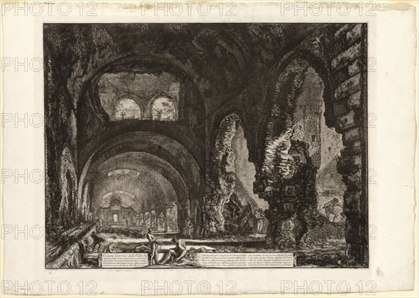 Interior view of the villa of Maecenas, from Views of Rome, 1764, published 1800–07, Giovanni Battista Piranesi (Italian, 1720-1778), published by Francesco (Italian, 1758-1810) and Pietro Piranesi (Italian, born 1758/9), Italy, Etching on heavy ivory laid paper, 469 x 618 mm (image), 476 x 624 mm (plate), 557 x 789 mm (sheet)