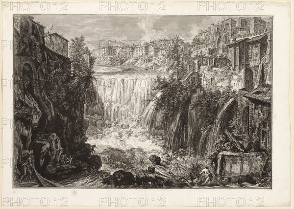 View of the Grand Cascade at Tivoli, from Views of Rome, 1765, Giovanni Battista Piranesi, Italian, 1720-1778, Italy, Etching on heavy ivory laid paper, 475 x 707 mm (image), 478 x 711 mm (plate), 559 x 786 mm (sheet)
