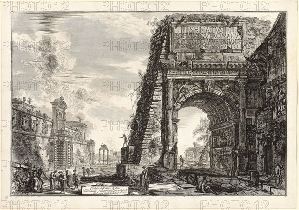 View of the Arch of Titus, from Views of Rome, 1771, Giovanni Battista Piranesi, Italian, 1720-1778, Italy, Etching on heavy ivory laid paper, 475 × 708 mm (image), 477 × 711 mm (plate), 533 × 759 mm (sheet)