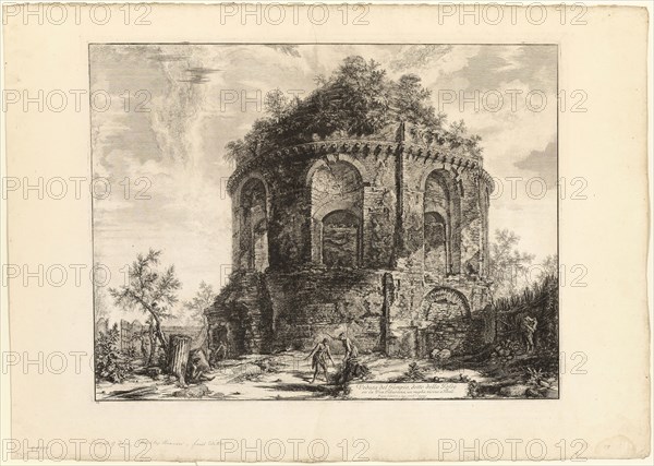 View of the So-Called Tempio della Tosse (Temple of the Cough) on the Via Tiburtina a mile from Tivoli, from Views of Rome, 1763, Giovanni Battista Piranesi, Italian, 1720-1778, Italy, Etching on heavy ivory laid paper, 440 x 577 mm (image), 445 x 584 mm (plate), 560 x 790 mm (sheet), Two Groups of Figures in a Landscape, n.d., after Giovanni Francesco Barbieri, called Guercino, Italian, 1591-1666, Italy, Pen and brown ink, with brush and brown wash, over traces of black chalk, on ivory laid paper, tipped onto ivory laid paper, 175 x 280 mm