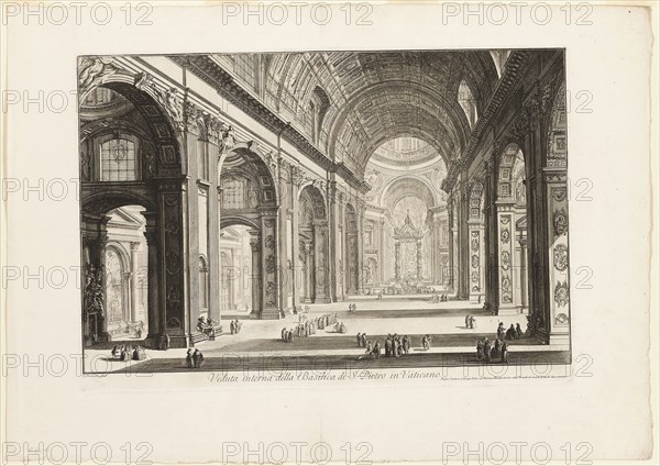 Interior view of St. Peter’s Basilica in the Vatican, from Views of Rome, 1748, Giovanni Battista Piranesi, Italian, 1720-1778, Italy, Etching on heavy ivory laid paper, 386 x 593 mm (image), 408 x 597 mm (plate), 556 x 784 mm (sheet)