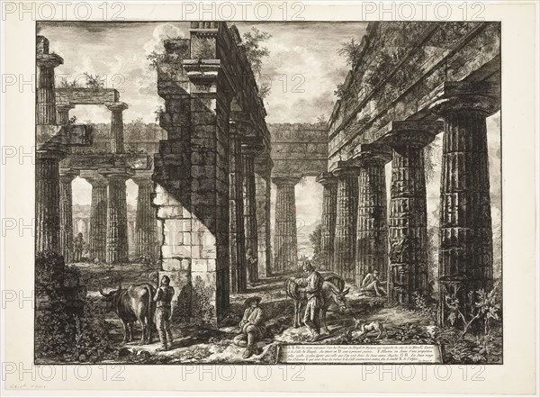 Interior view of the remains of one of the pronaoi of the Temple of Neptune which faces inland, from Different views of Paestum, 1778, Giovanni Battista Piranesi, Italian, 1720-1778, Italy, Etching on ivory laid paper, 495 x 675 mm (image), 504 x 682 mm (plate), 563 x 763 mm (sheet)