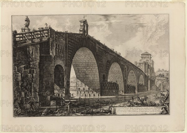 View of the Ponte Molle [or Milvian Bridge] over the Tiber two miles outside Rome, from Views of Rome, 1762, Giovanni Battista Piranesi, Italian, 1720-1778, Italy, Etching on heavy ivory laid paper, 437 x 675 mm (image), 440 x 677 mm (plate), 562 x 788 mm (sheet)