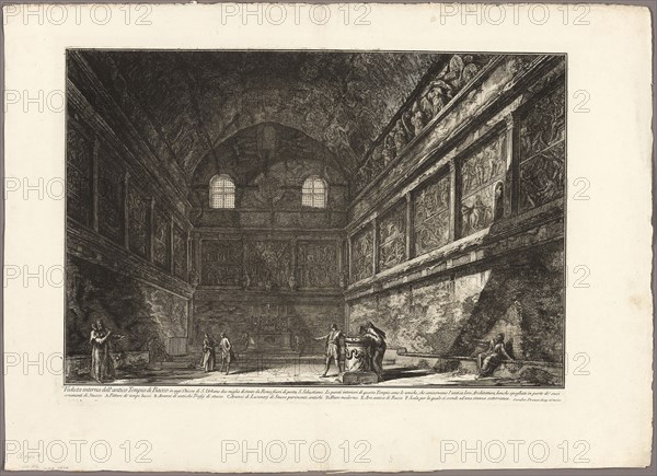 Interior view of the ancient Temple of Bacchus, now the church of S. Urbano, two miles from Rome, from Views of Rome, 1767, published 1800–07, Giovanni Battista Piranesi (Italian, 1720-1778), published by Francesco (Italian, 1758-1810) and Pietro Piranesi (Italian, born 1758/9), Italy, Etching on heavy ivory laid paper, 404 x 601 mm (image), 424 x 605 mm (plate), 560 x 777 mm (sheet)