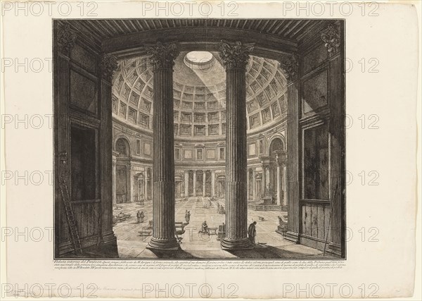 Interior view of the Pantheon, from Views of Rome, 1768, published 1800–07, Giovanni Battista Piranesi (Italian, 1720-1778), published by Francesco (Italian, 1758-1810) and Pietro Piranesi (Italian, born 1758/9), Italy, Etching on heavy ivory laid paper, 457 x 557 mm (image), 480 x 562 mm (plate), 560 x 788 mm (sheet)