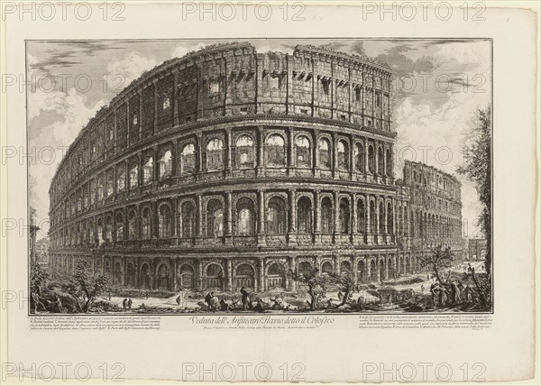 View of the Flavian Amphitheater, called the Colosseum, from Views of Rome, 1750/59, Giovanni Battista Piranesi, Italian, 1720-1778, Italy, Etching on heavy ivory laid paper, 414 x 697 mm (image), 441 x 702 mm (plate), 561 x 790 mm (sheet)