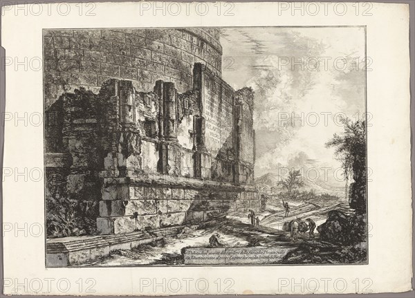 View of the Remains of the Tomb of the Plautii on the Via Tiburtina, near the Ponte Lugano, two miles distant from Tivoli, from Views of Rome, 1760/69, published 1800–07, Giovanni Battista Piranesi (Italian, 1720-1778), published by Francesco (Italian, 1758-1810) and Pietro Piranesi (Italian, born 1758/9), Italy, Etching on heavy ivory laid paper, 460 x 622 mm (image), 463 x 625 mm (plate), 560 x 785 mm (sheet)