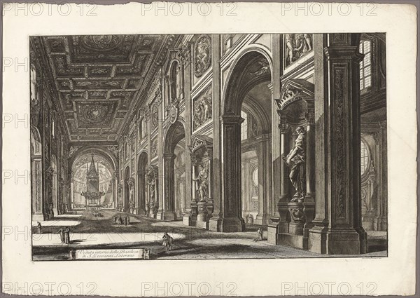 Interior view of the Basilica of St. John Lateran, from Views of Rome, 1768, Giovanni Battista Piranesi, Italian, 1720-1778, Italy, Etching on heavy ivory laid paper, 430 x 680 mm (image), 437 x 687 mm (plate), 557 x 790 mm (sheet)