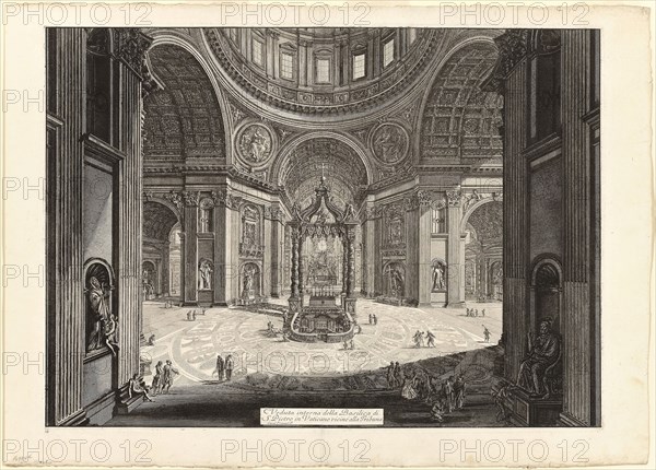 Interior view of the Basilica of St. Peter’s in the Vatican, near the Tribune, from Views of Rome, 1773, Giovanni Battista Piranesi, Italian, 1720-1778, Italy, Etching on heavy ivory laid paper, 485 x 673 mm (image), 490 x 679 mm (plate), 560 x 784 mm (sheet)