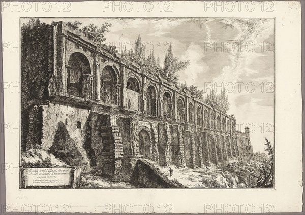 Remains of the Villa of Maecenas at Tivoli, from Views of Rome, 1763, published 1800–07, Giovanni Battista Piranesi (Italian, 1720-1778), published by Francesco (Italian, 1758-1810) and Pietro Piranesi (Italian, born 1758/9), Italy, Etching on heavy ivory laid paper, 450 x 667 mm (image), 455 x 672 mm (plate), 555 x 784 mm (sheet)