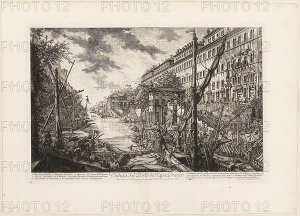 View of the Port of Ripa Grande, from Views of Rome, 1750/59, Giovanni Battista Piranesi, Italian, 1720-1778, Italy, Etching on heavy ivory laid paper, 380 x 610 mm (image), 405 x 615 mm (plate), 555 x 779 mm (sheet)