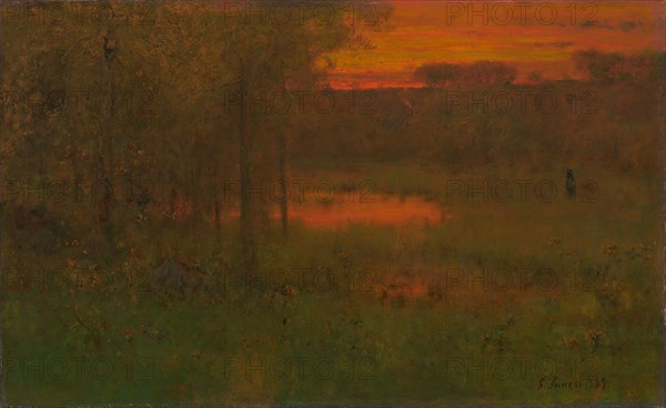 Landscape, Sunset, 1887/89, George Inness, American, 1825–1894, United States, Oil on canvas, 56.3 × 91.8 cm (22 3/8 × 36 1/8 in.)