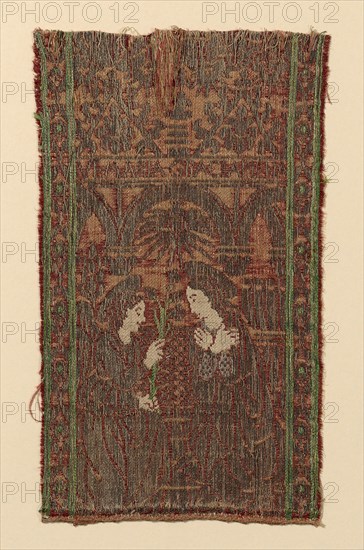 Fragment from an Orphrey, 15th century, Italy, Silk, linen, and gold gilt strip intergrated compound weave of warp-floatfaced satin weave and weft-float faced twill weave, 18 x 30 cm (7 1/8 x 11 7/8 in.)