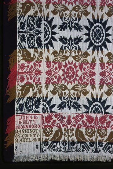 Coverlet, 1839, John B. Welty (America, 1792-1841), United States, Maryland, Washington County, Boonsboro, Maryland, Cotton and wool, plain weave with plain interlacings of secondary binding warps and patterning wefts (Beiderwand), woven on loom with Jacquard attachment, two loom widths joined, fringed, 229.4 x 221.2 cm (90 1/4 x 87 in.)
