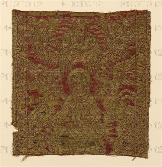 Fragment (From an Orphrey Band), 15th century, Italy, Florence, Florence, Silk and gold gilt strip wound around linen fiber core, integrated compound-weave of warp-float faced satin weave and twill weave with supplementary patterning wefts, 24.7 × 23.1 cm (9 3/4 × 9 1/8 in.)