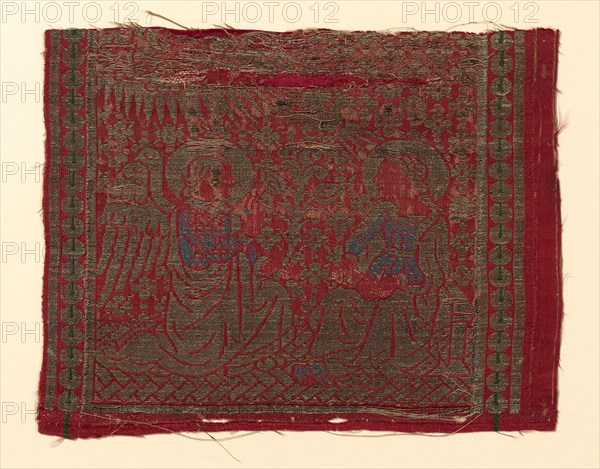 Fragment (From an Orphrey Band), 1450/1500, Italy, Florence, Florence, Silk and gilt-animal-substrate-wrapped linen, warp-float faced satin weave with supplementary patterning wefts and supplementary brocading wefts tied by secondary binding warps in twill interlacings, 21 × 26.7 cm (8 1/4 × 10 1/2 in.)