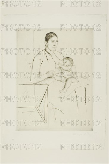Nursing, c. 1890, Mary Cassatt, American, 1844-1926, United States, Drypoint in black on ivory laid paper, 235 x 178 mm (image/plate), 309 x 238 mm (sheet)