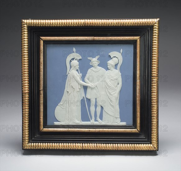 Mercury Joining the Hands of Britain and France, 1787/90, Wedgwood Manufactory, England, founded 1759, Etruria, Staffordshire, England, Burslem, Stoneware (jasperware), gilded wooden frame, 36 × 37.8 × 3.7 cm (14 3/16 × 14 7/8 × 1 7/16 in.)