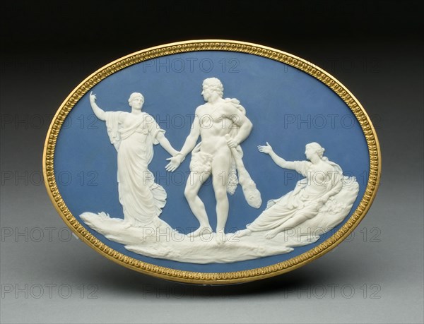 Medallion with Judgment of Hercules, c. 1778, Wedgwood Manufactory, England, founded 1759, Burslem, Stoneware (jasperware), 18.7 × 24.9 cm (7 3/8 × 9 13/16 in.)