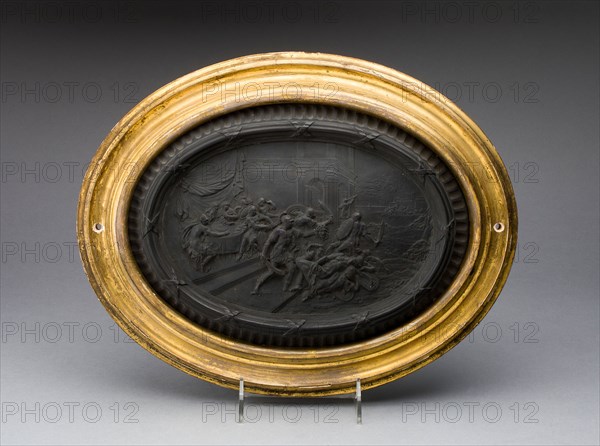 Plaque: Perseus and Andromeda, c. 1886, Attributed to Wedgwood Manufactory, England, founded 1759, Burslem, Stoneware (basaltware), gilt wood frame, 19.1 × 27 cm (7 1/2 × 10 5/8 in.), with frame: 27.6 × 35.6 cm (10 7/8 × 14 in.)